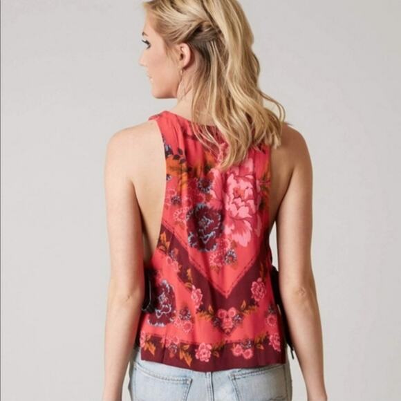 Free People Floral Scoop Neck Sleeveless Side Tie Pink Tank Top Size XS - Picture 7 of 16